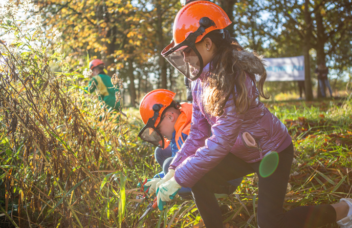 Kinderen met helm knippen struiken tijdens de natuurwerkdag